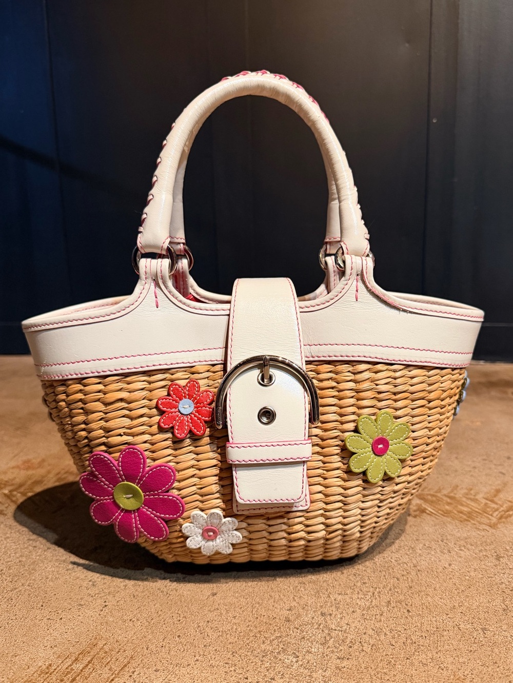 Coach Vintage 2003 Straw Basket Flower Patchwork Tote